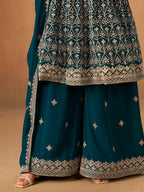 Monjolika Fashion Teal Embroidered Faux Georgette Trendy Palazzo Salwar Kameez | Grocsy