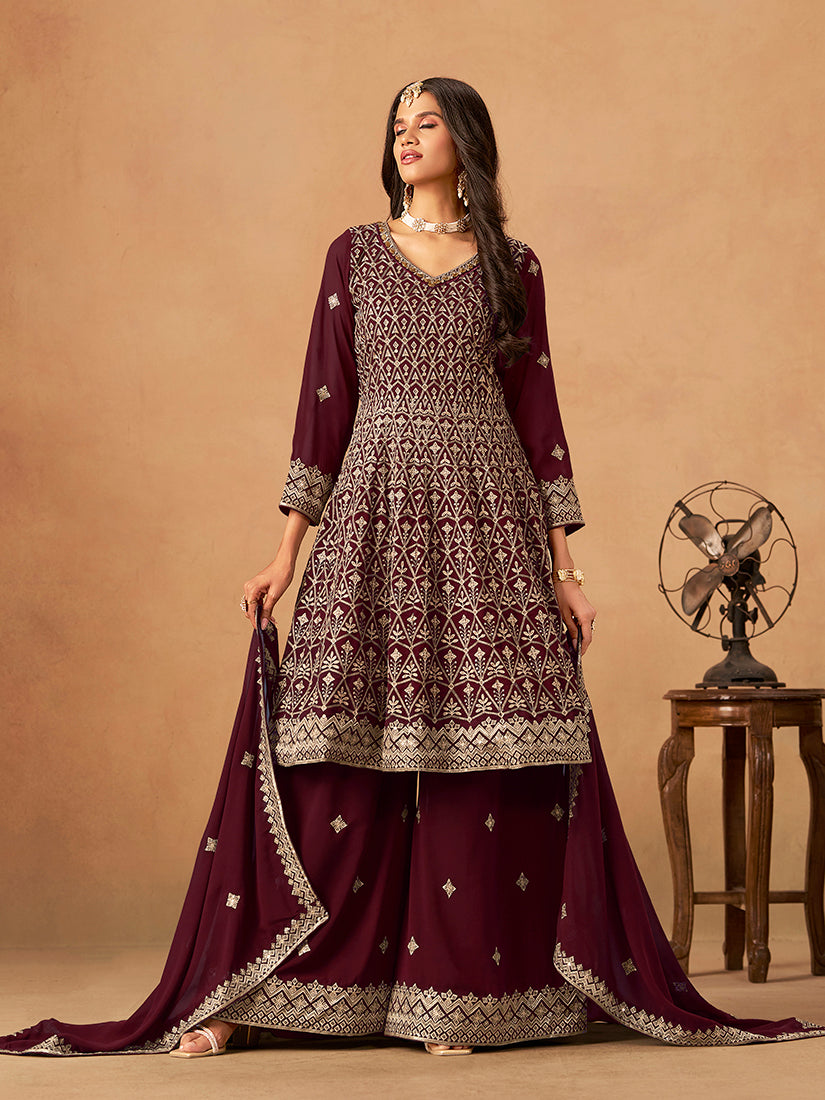 Monjolika Fashion Maroon Embroidered Faux Georgette Trendy Palazzo Salwar Kameez | Grocsy