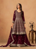 Monjolika Fashion Maroon Embroidered Faux Georgette Trendy Palazzo Salwar Kameez | Grocsy