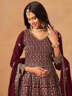 Monjolika Fashion Maroon Embroidered Faux Georgette Trendy Palazzo Salwar Kameez | Grocsy