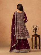 Monjolika Fashion Maroon Embroidered Faux Georgette Trendy Palazzo Salwar Kameez | Grocsy