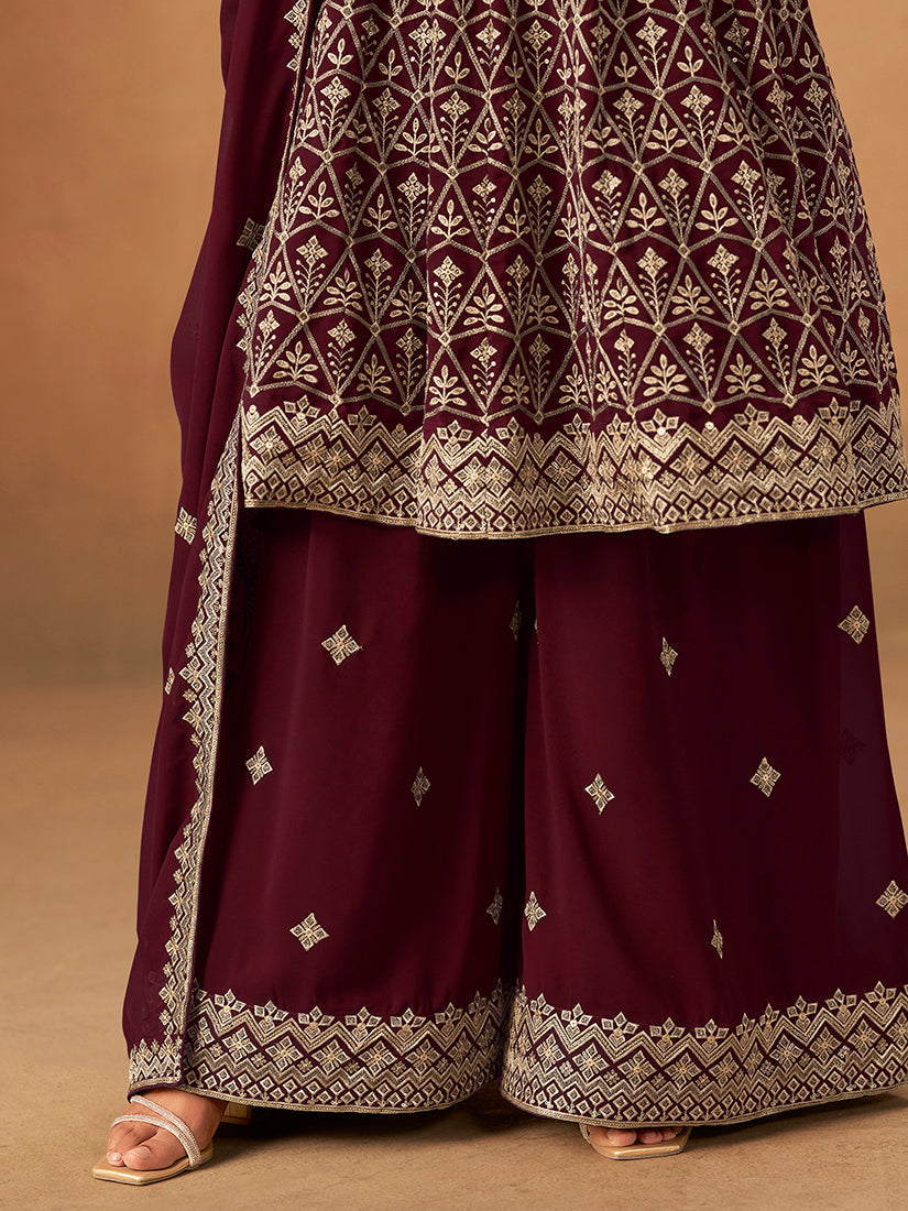 Monjolika Fashion Maroon Embroidered Faux Georgette Trendy Palazzo Salwar Kameez | Grocsy