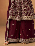 Monjolika Fashion Maroon Embroidered Faux Georgette Trendy Palazzo Salwar Kameez | Grocsy