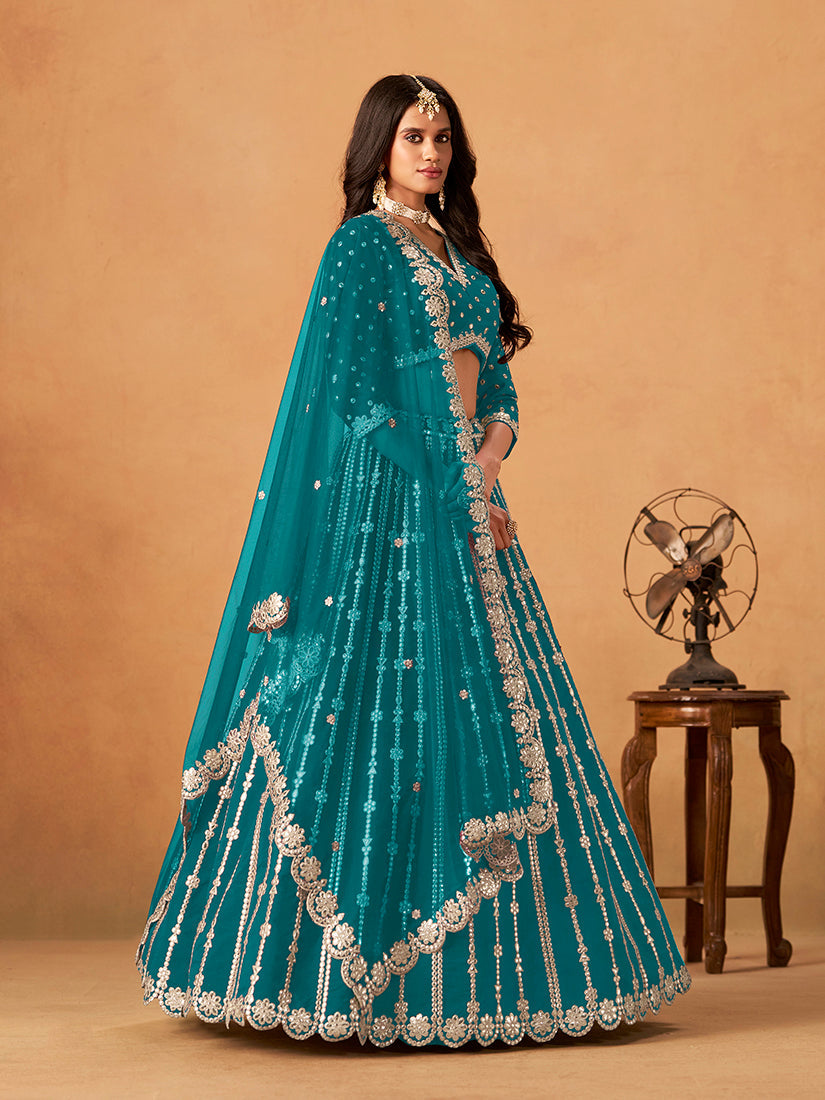 Monjolika Fashion Embroidered Teal Blue Art Silk Designer Long Lehenga Choli | Grocsy