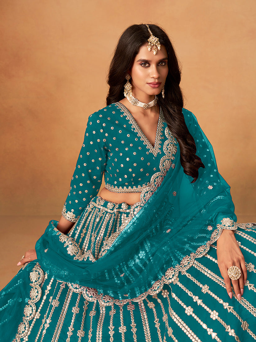 Monjolika Fashion Embroidered Teal Blue Art Silk Designer Long Lehenga Choli | Grocsy