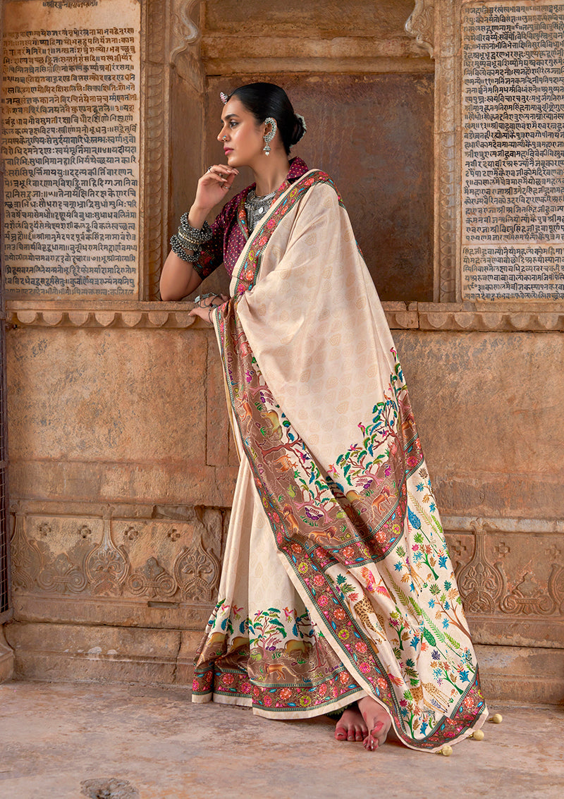 Monjolika Fashion Cream Printed Silk Contemporary Saree | Grocsy
