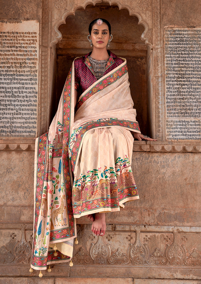 Monjolika Fashion Cream Printed Silk Contemporary Saree | Grocsy