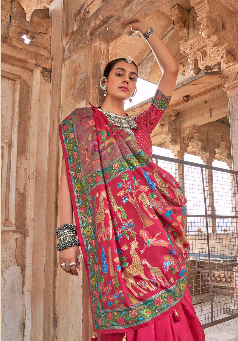 Monjolika Fashion Dark Pink Printed Silk Contemporary Saree | Grocsy