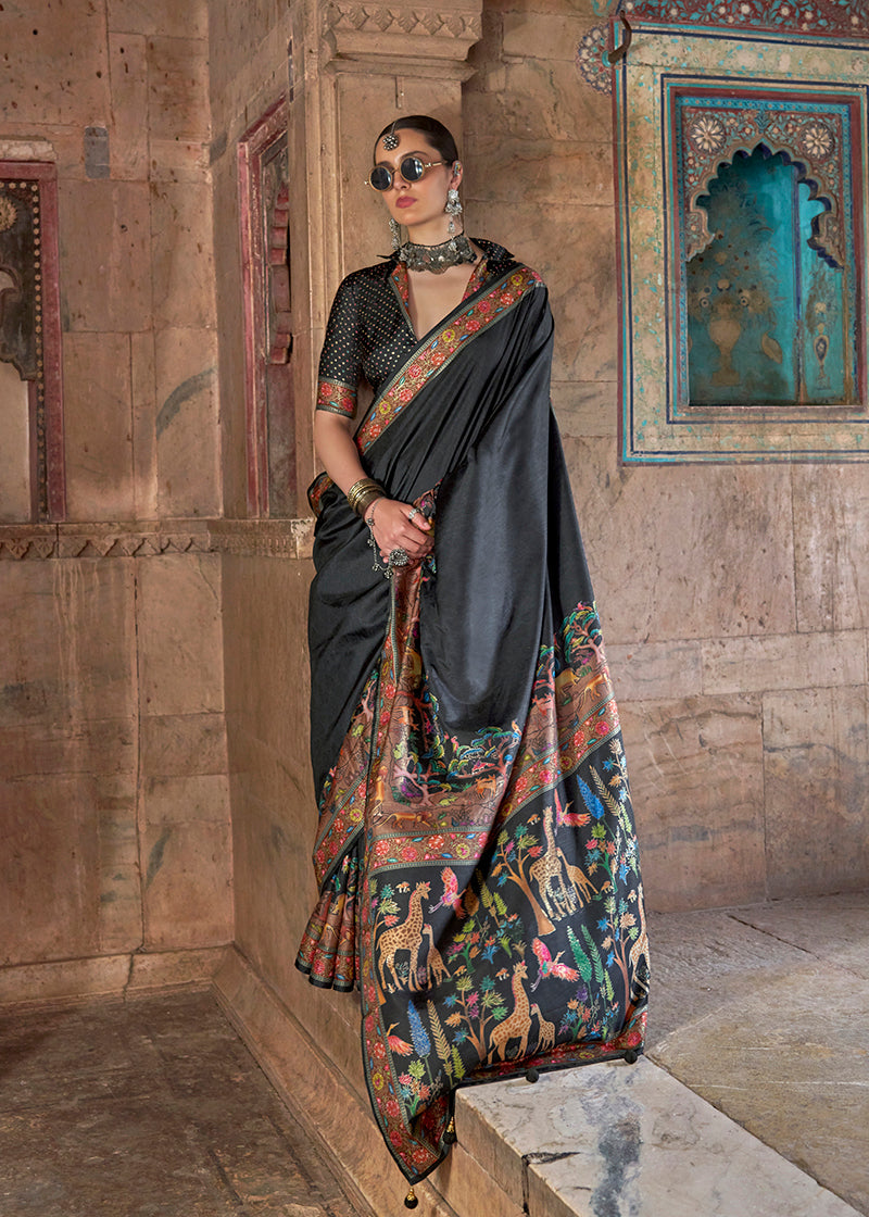 Monjolika Fashion Black Printed Silk Contemporary Saree | Grocsy