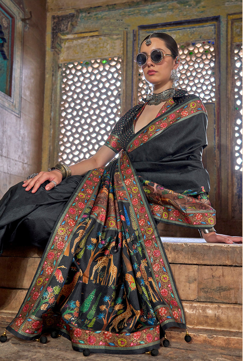 Monjolika Fashion Black Printed Silk Contemporary Saree | Grocsy