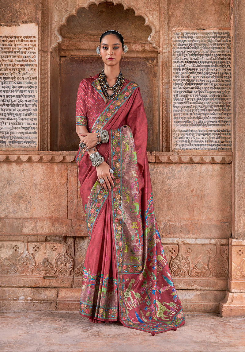 Monjolika Fashion Maroon Printed Silk Contemporary Saree | Grocsy