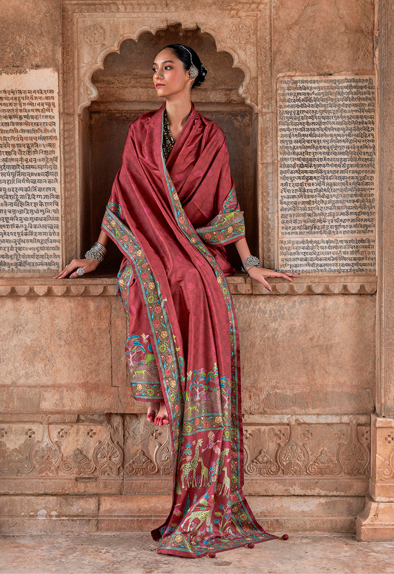 Monjolika Fashion Maroon Printed Silk Contemporary Saree | Grocsy
