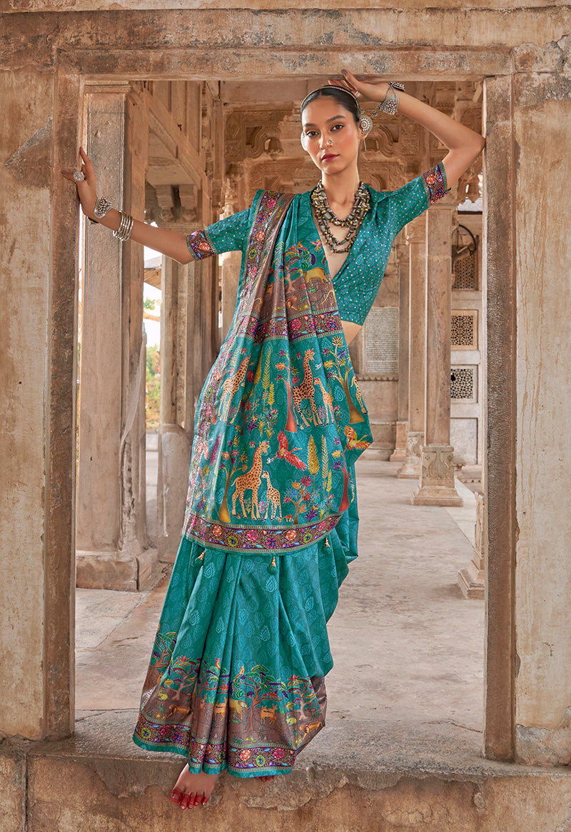 Monjolika Fashion Turquoise Printed Silk Contemporary Saree | Grocsy