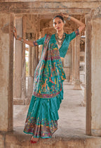 Monjolika Fashion Turquoise Printed Silk Contemporary Saree | Grocsy