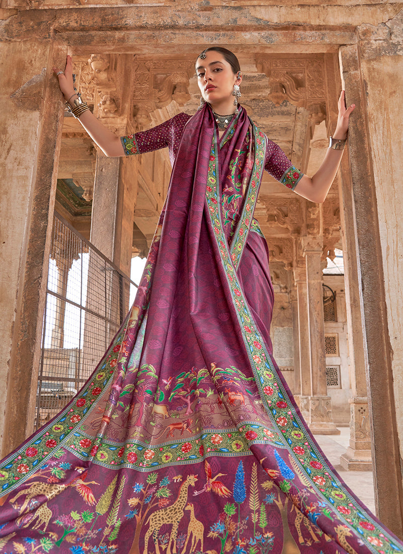 Monjolika Fashion Purple Printed Silk Contemporary Saree | Grocsy