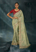 Monjolika Fashion Sea Green With Lakhanvi And Zarkan Work Banarasi Silk Blend Saree | Grocsy