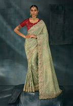 Monjolika Fashion Sea Green With Lakhanvi And Zarkan Work Banarasi Silk Blend Saree | Grocsy