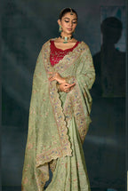 Monjolika Fashion Sea Green With Lakhanvi And Zarkan Work Banarasi Silk Blend Saree | Grocsy