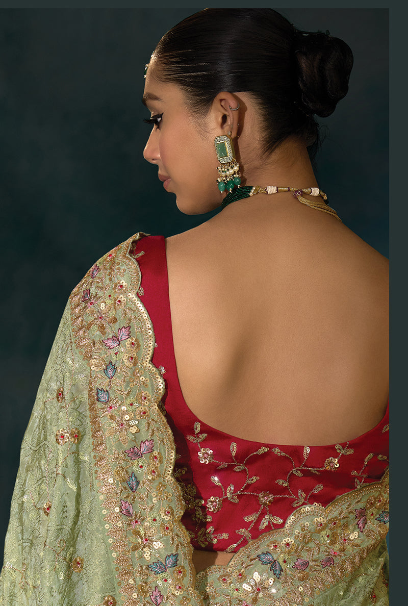 Monjolika Fashion Sea Green With Lakhanvi And Zarkan Work Banarasi Silk Blend Saree | Grocsy