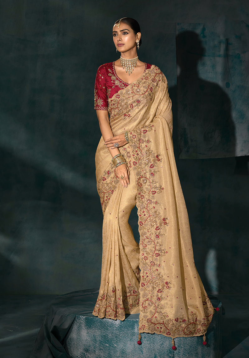 Monjolika Fashion Beige Color Silk Blend Cutdana Moti And Mirror Heavy Work Saree | Grocsy