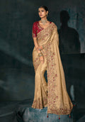 Monjolika Fashion Beige Color Silk Blend Cutdana Moti And Mirror Heavy Work Saree | Grocsy