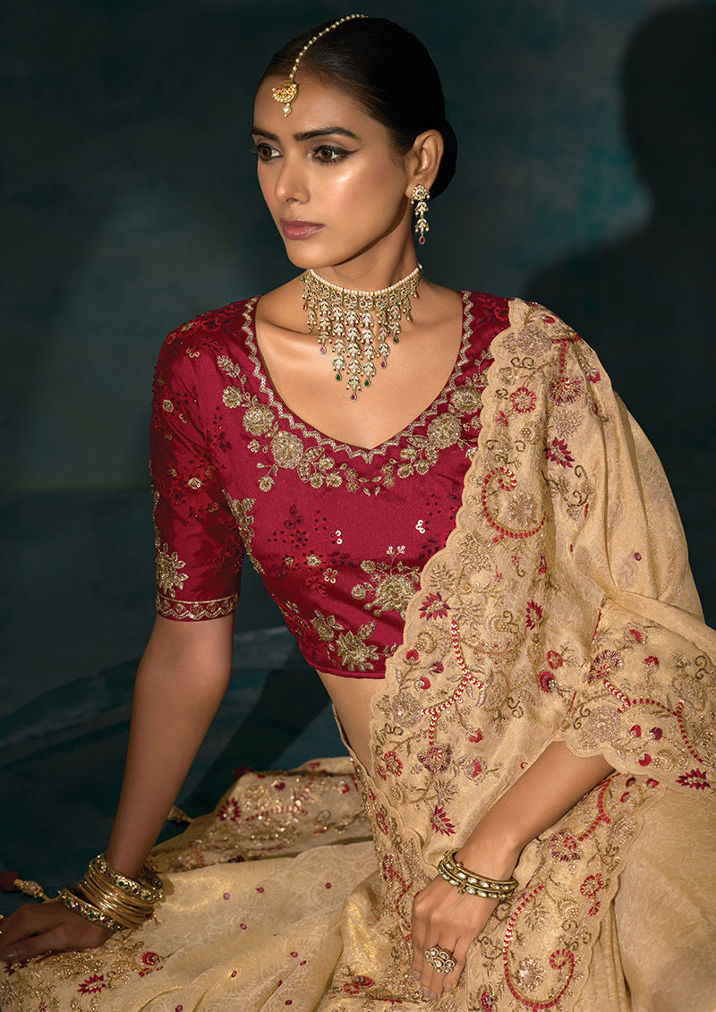 Monjolika Fashion Beige Color Silk Blend Cutdana Moti And Mirror Heavy Work Saree | Grocsy