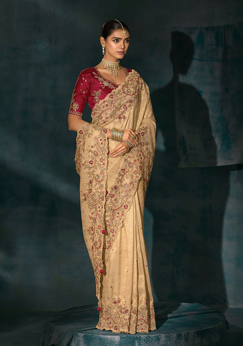 Monjolika Fashion Beige Color Silk Blend Cutdana Moti And Mirror Heavy Work Saree | Grocsy