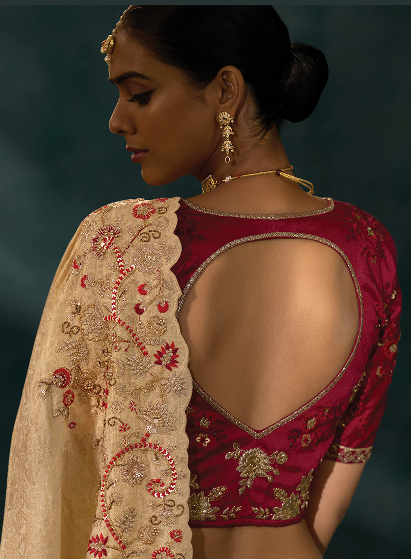 Monjolika Fashion Beige Color Silk Blend Cutdana Moti And Mirror Heavy Work Saree | Grocsy