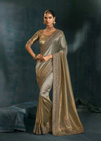Monjolika Fashion Grey Color Cutdana Moti And Mirror Heavy Work Silk Blend Saree | Grocsy