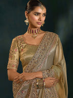 Monjolika Fashion Grey Color Cutdana Moti And Mirror Heavy Work Silk Blend Saree | Grocsy