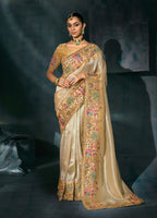 Monjolika Fashion Cream Color Silk Blend Cutdana Moti And Mirror Heavy Work Beautiful Border Saree | Grocsy