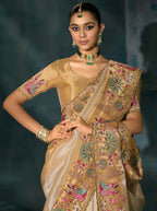 Monjolika Fashion Cream Color Silk Blend Cutdana Moti And Mirror Heavy Work Beautiful Border Saree | Grocsy
