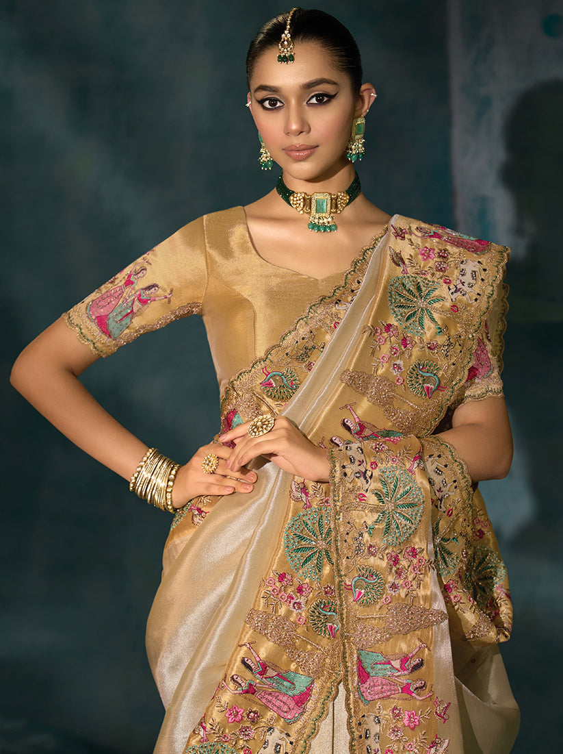 Monjolika Fashion Cream Color Silk Blend Cutdana Moti And Mirror Heavy Work Beautiful Border Saree | Grocsy
