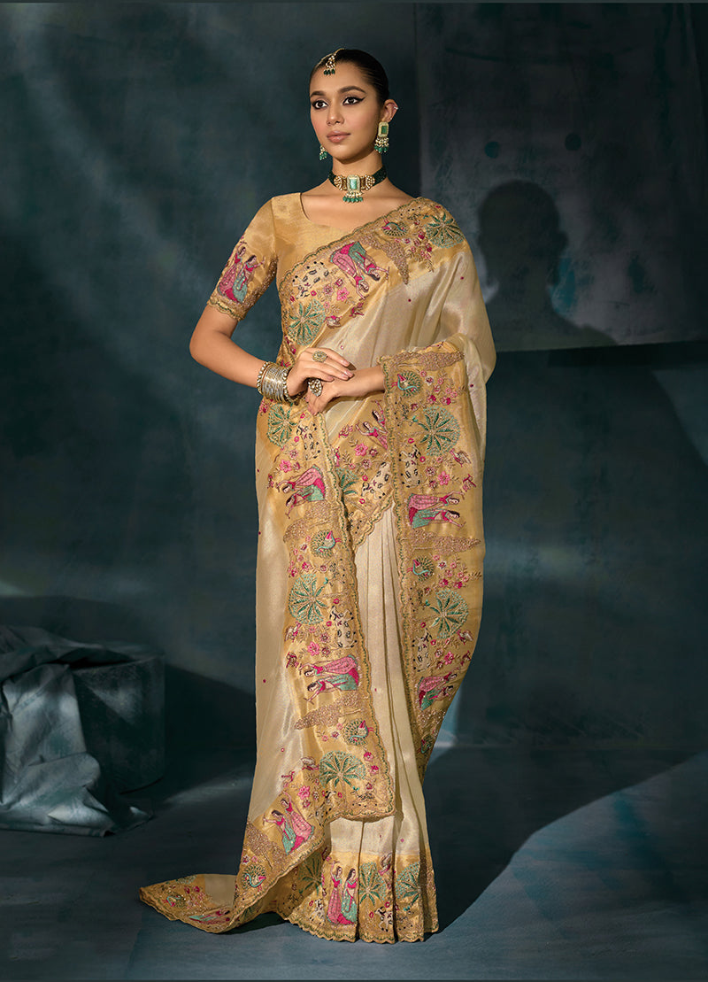 Monjolika Fashion Cream Color Silk Blend Cutdana Moti And Mirror Heavy Work Beautiful Border Saree | Grocsy