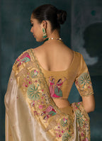 Monjolika Fashion Cream Color Silk Blend Cutdana Moti And Mirror Heavy Work Beautiful Border Saree | Grocsy