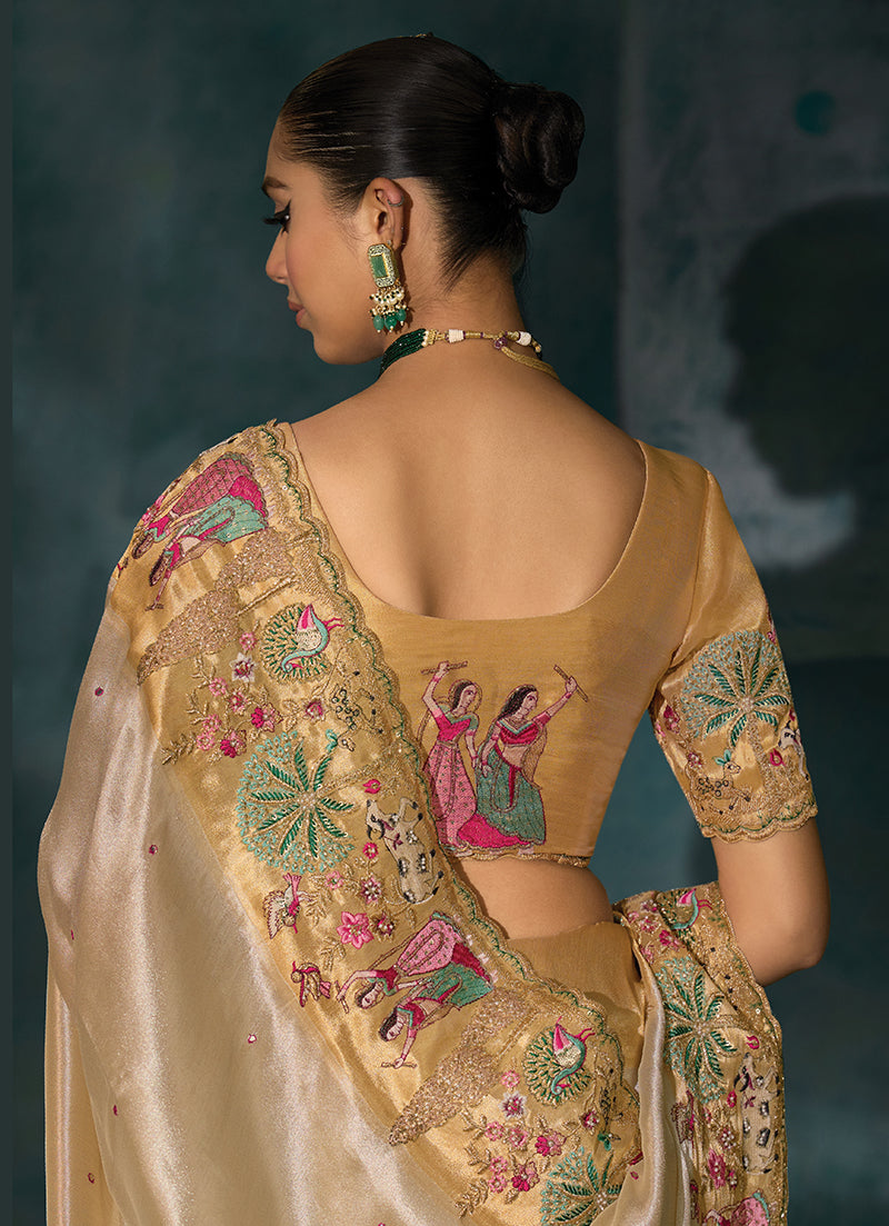 Monjolika Fashion Cream Color Silk Blend Cutdana Moti And Mirror Heavy Work Beautiful Border Saree | Grocsy