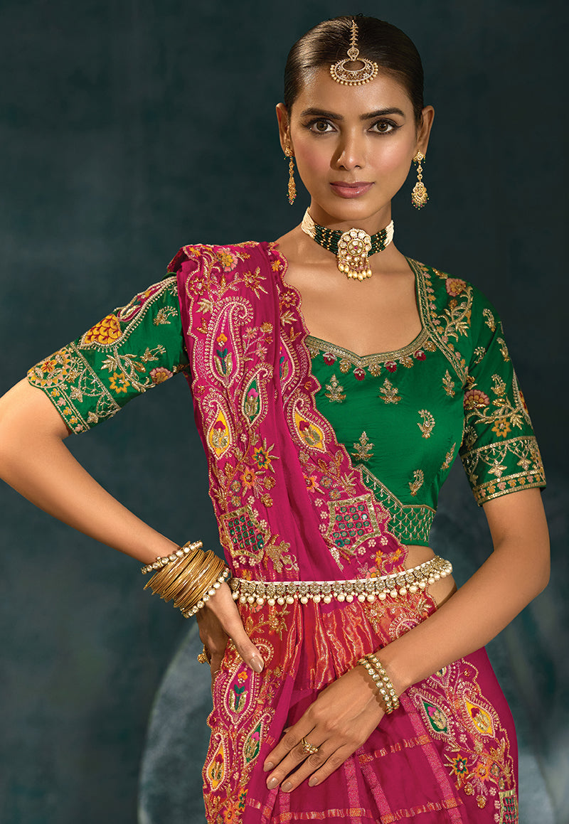 Monjolika Fashion Rani Pink Color Gajji Silk Cutdana Moti Mirror Work Beautiful Border Saree | Grocsy