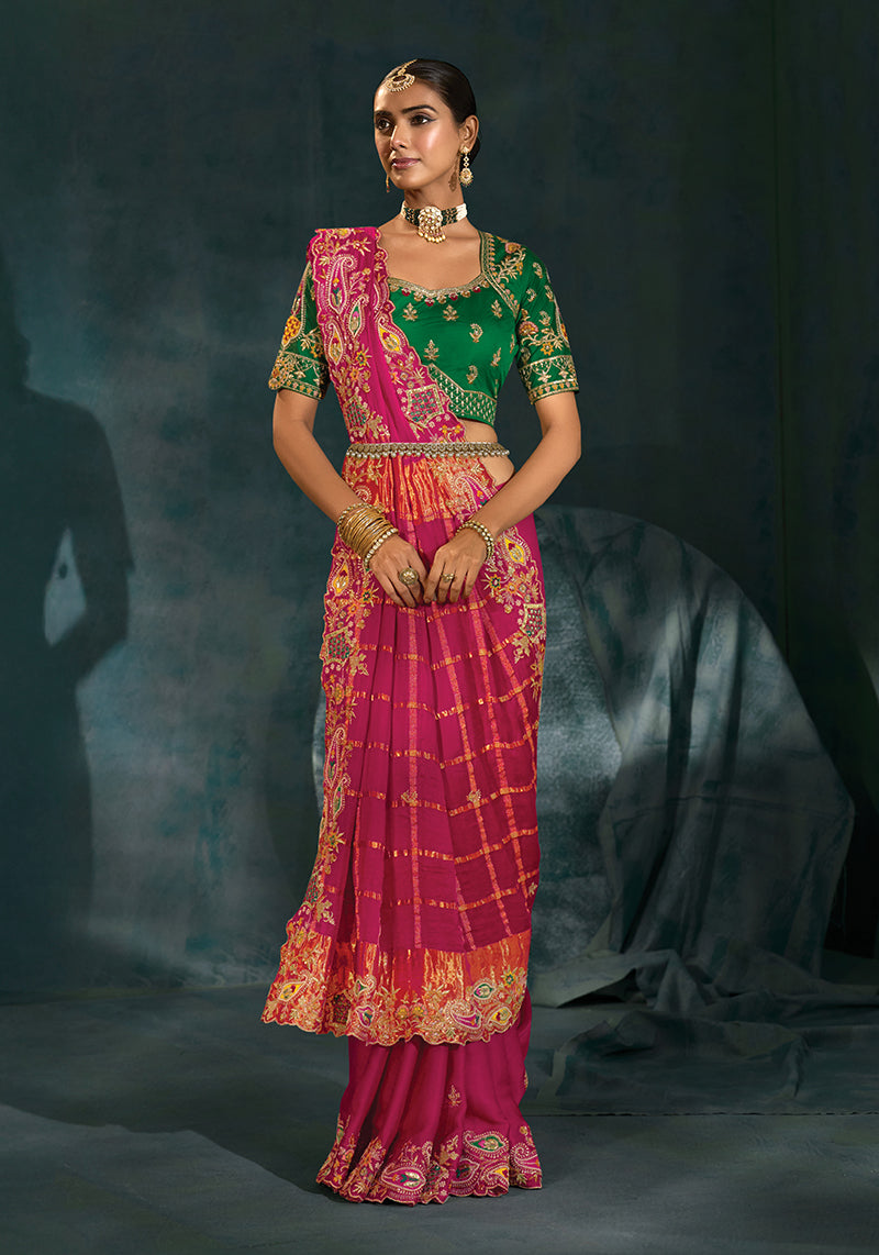 Monjolika Fashion Rani Pink Color Gajji Silk Cutdana Moti Mirror Work Beautiful Border Saree | Grocsy