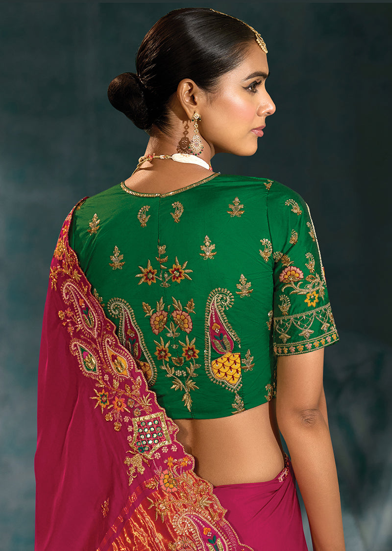 Monjolika Fashion Rani Pink Color Gajji Silk Cutdana Moti Mirror Work Beautiful Border Saree | Grocsy