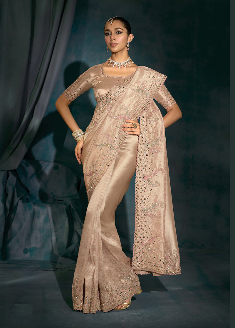 Monjolika Fashion Light Peach Silk With Thread, Moti Zarkan Work Beautiful Border Saree | Grocsy