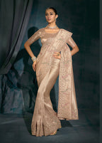 Monjolika Fashion Light Peach Silk With Thread, Moti Zarkan Work Beautiful Border Saree | Grocsy