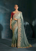 Monjolika Fashion Grey Crepe With Cutdana Moti Zarkan Work Beautiful Border Saree | Grocsy