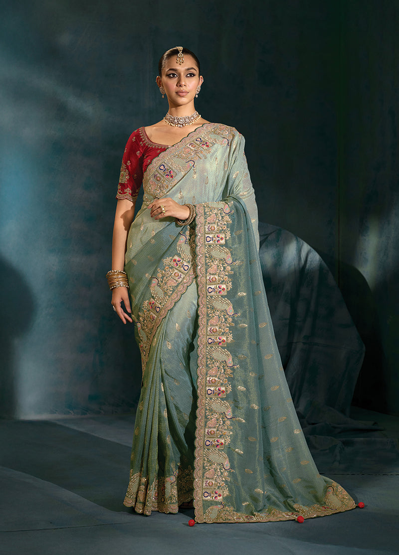 Monjolika Fashion Grey Crepe With Cutdana Moti Zarkan Work Beautiful Border Saree | Grocsy