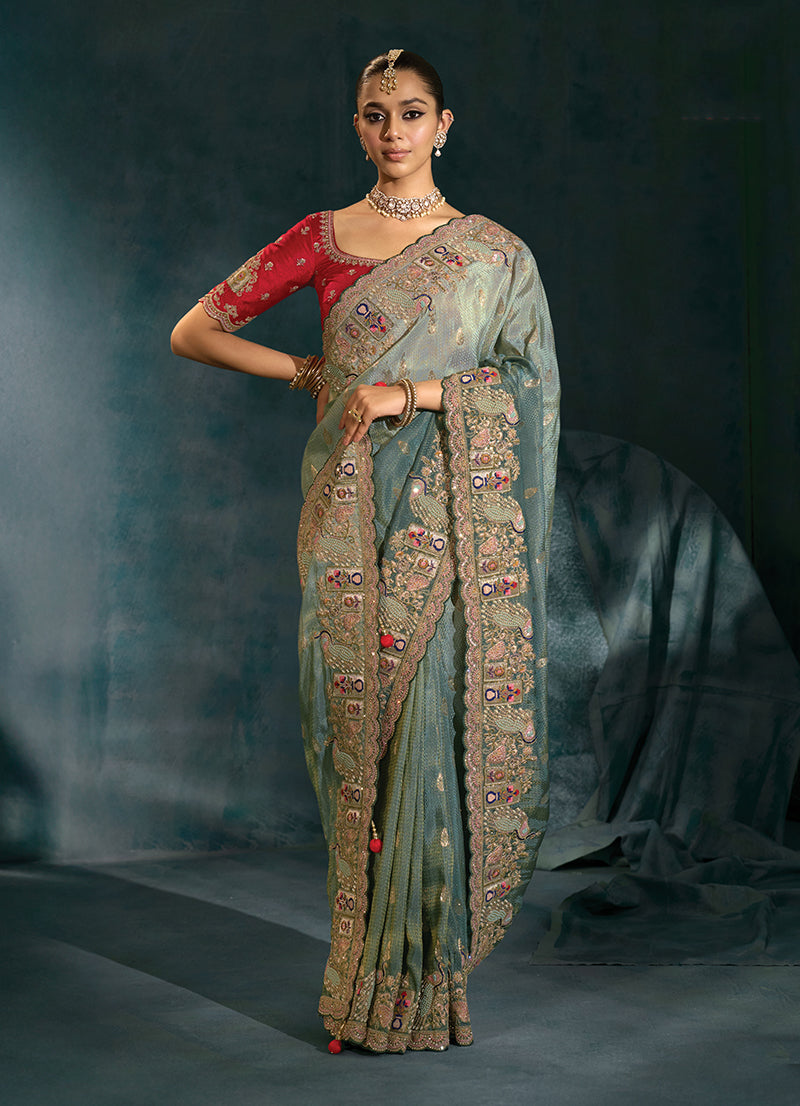Monjolika Fashion Grey Crepe With Cutdana Moti Zarkan Work Beautiful Border Saree | Grocsy