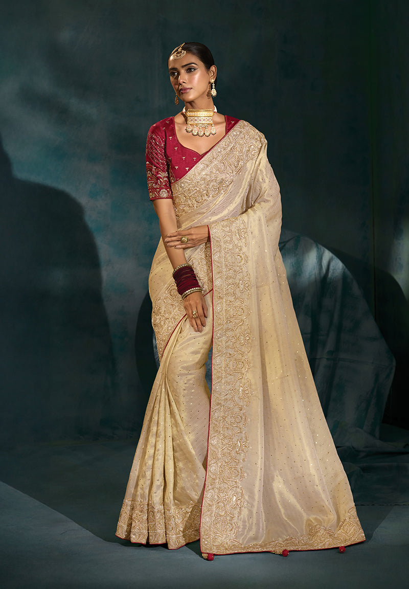 Monjolika Fashion Cream Color Silk Blend With Cutdana Moti Zari Heavy Work Beautiful Border Saree | Grocsy