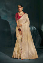 Monjolika Fashion Cream Color Silk Blend With Cutdana Moti Zari Heavy Work Beautiful Border Saree | Grocsy