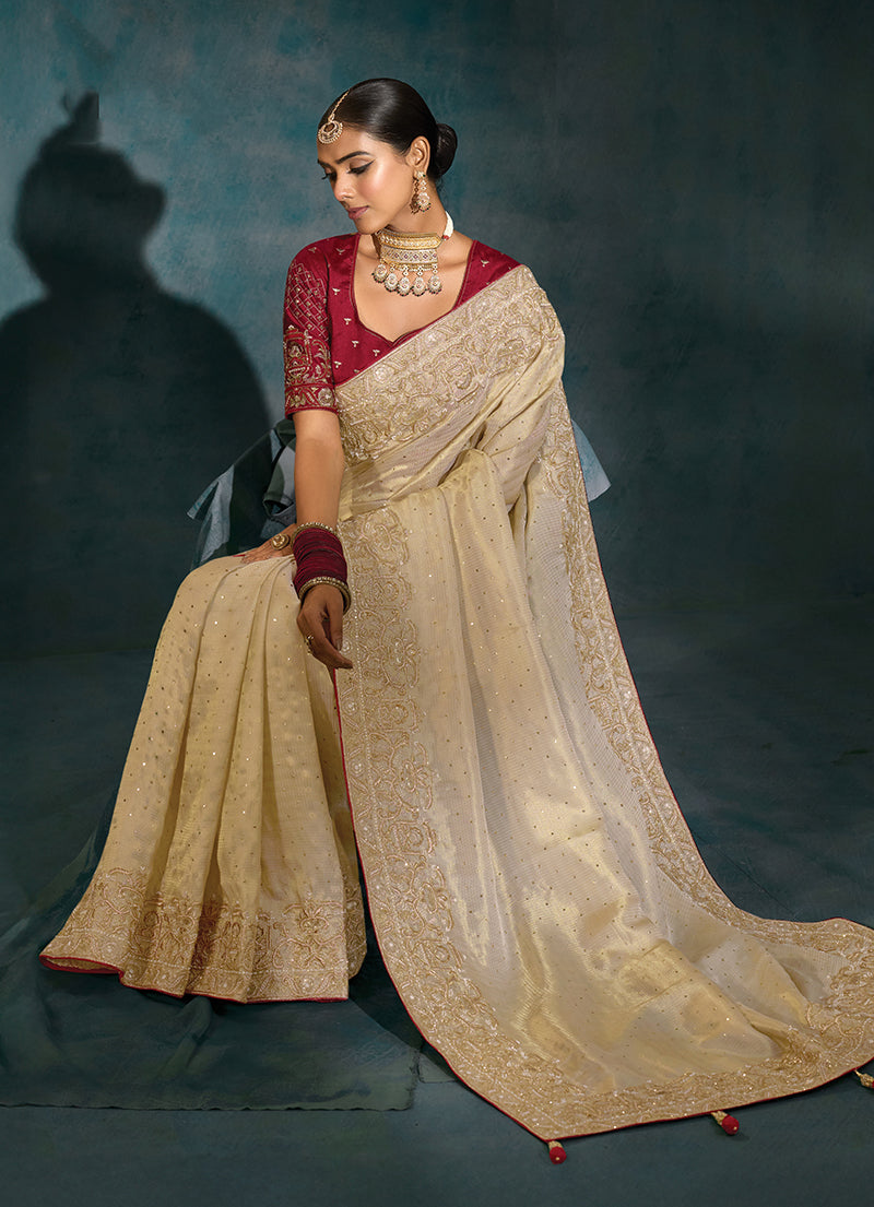 Monjolika Fashion Cream Color Silk Blend With Cutdana Moti Zari Heavy Work Beautiful Border Saree | Grocsy