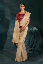 Monjolika Fashion Cream Color Silk Blend With Cutdana Moti Zari Heavy Work Beautiful Border Saree | Grocsy