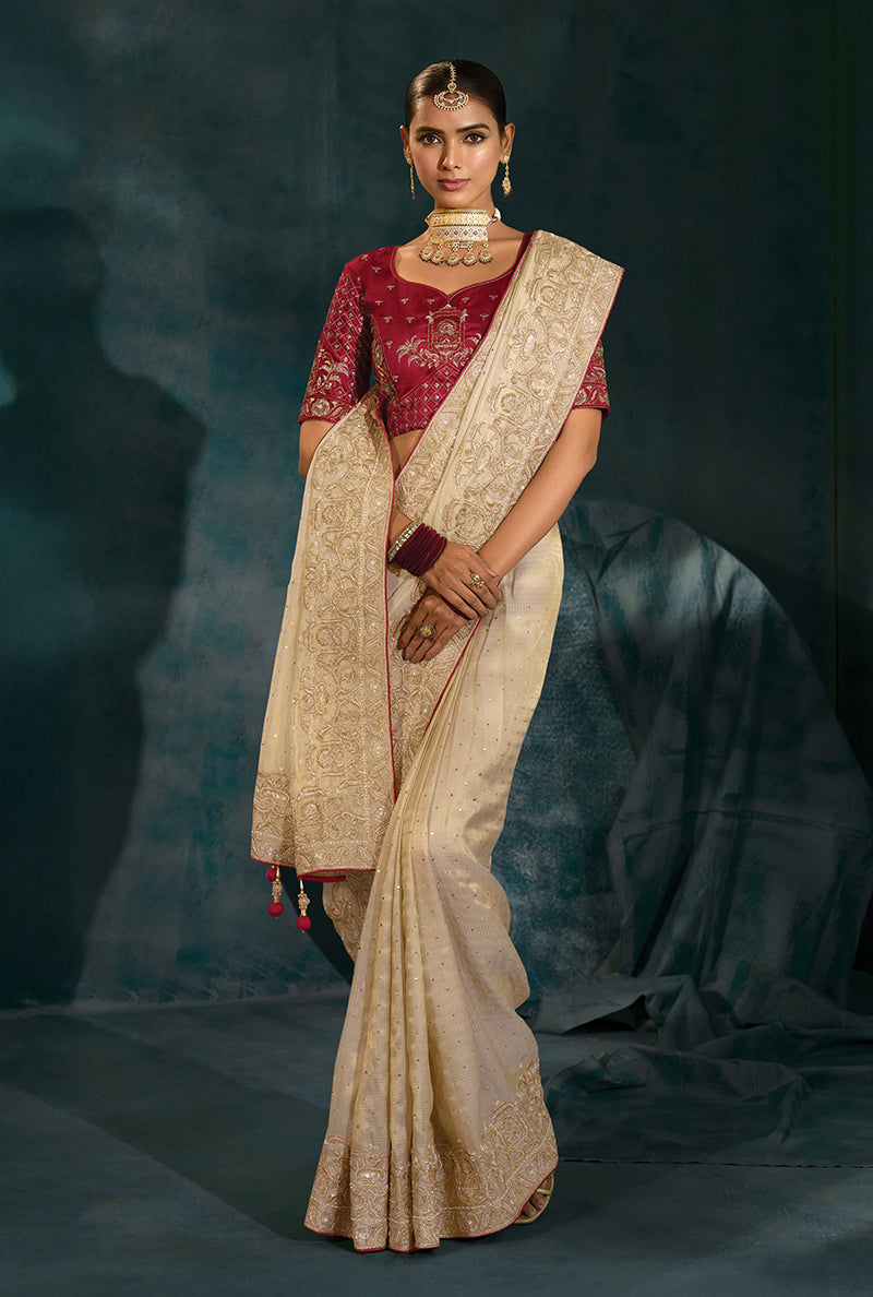Monjolika Fashion Cream Color Silk Blend With Cutdana Moti Zari Heavy Work Beautiful Border Saree | Grocsy