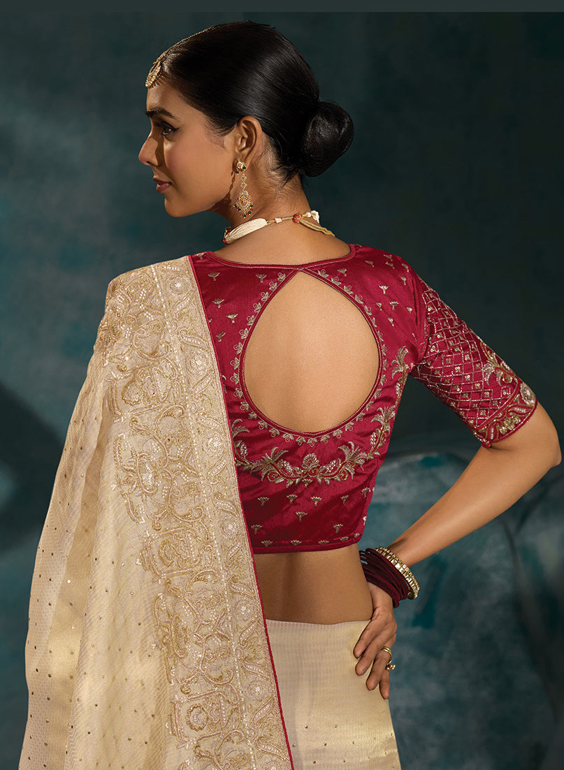 Monjolika Fashion Cream Color Silk Blend With Cutdana Moti Zari Heavy Work Beautiful Border Saree | Grocsy